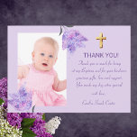 Elegant Purple Lilac Gold Cross Girl Baptism Thank You Card<br><div class="desc">Modern,  purple lilac watercolor floral,  elegant,  photo,  baptism,  baby girl,  purple and gold,  cross,  Thank you cards.</div>