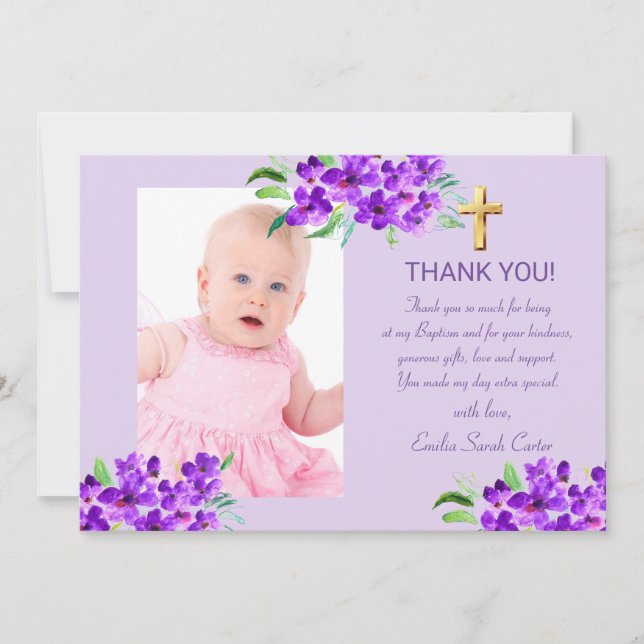 Elegant Purple Lilac Gold Cross Girl Baptism Thank You Card (Front)