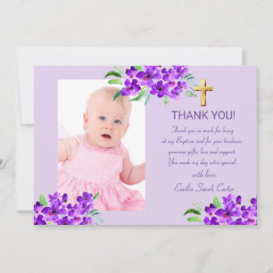 Elegant Purple Lilac Gold Cross Girl Baptism Thank You Card