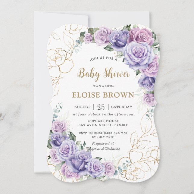 Elegant Purple Lilac Lavender Roses Baby Shower Invitation (Front)