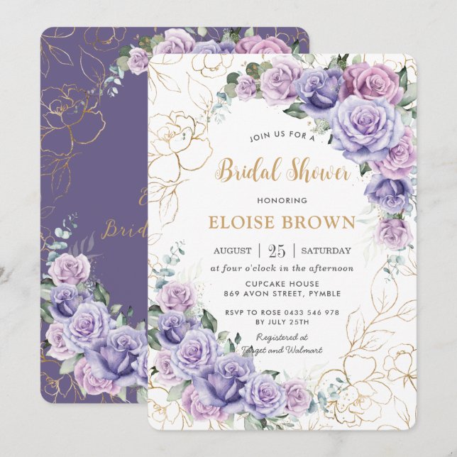 Elegant Purple Lilac Lavender Roses Bridal Shower Invitation (Front/Back)
