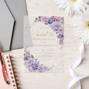 Elegant Purple Lilac Lavender Roses Sweet 16 16th Vellum Invitations