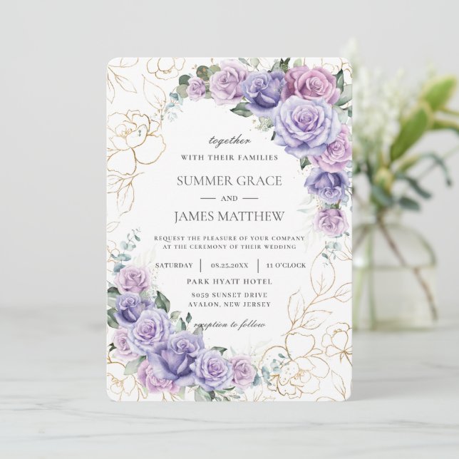 Elegant Purple Lilac Lavender Roses Wedding Invitation (Standing Front)