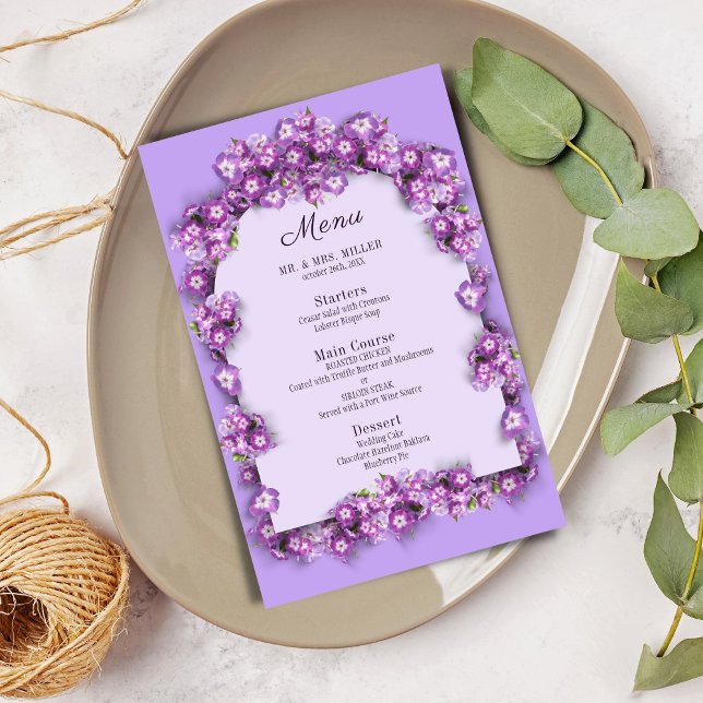 Elegant Purple Lilac moon Arch Floral Wedding Menu (Creator Uploaded)