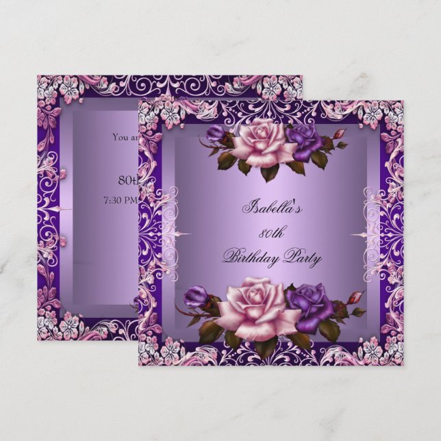 Elegant Purple Lilac Pink Rose 80th Birthday Party Invitation (Front/Back)