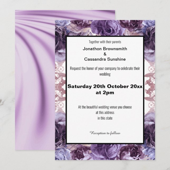 ELEGANT PURPLE LILAC SATIN FLORAL WEDDING INVITATION (Front/Back)