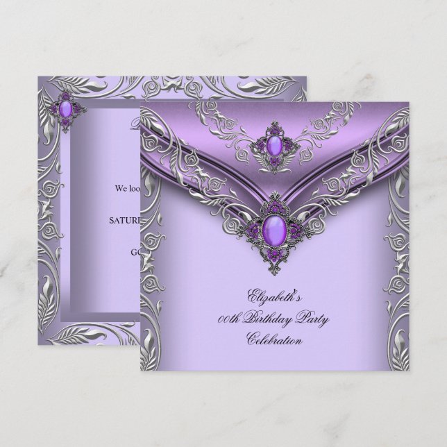 Elegant Purple Lilac Silver Jewel Birthday Party Invitation (Front/Back)