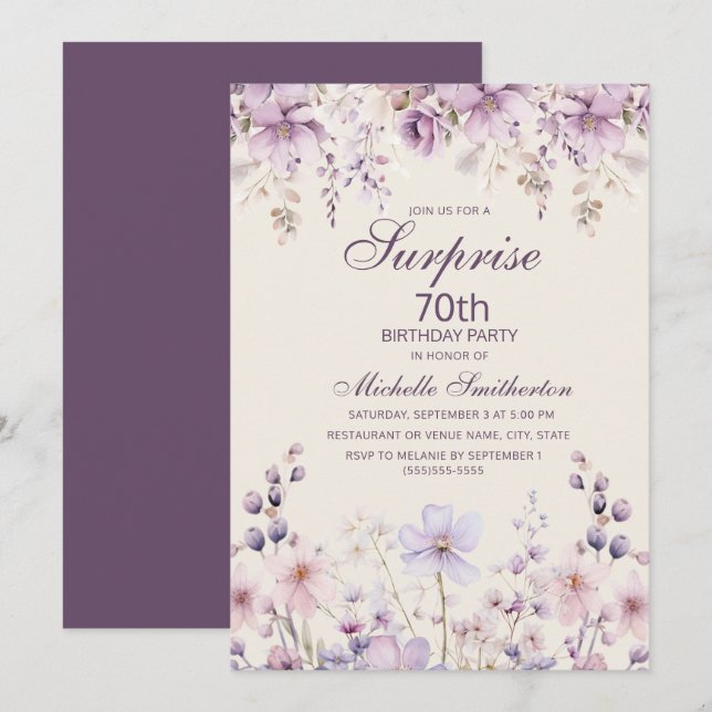 Elegant Purple Lilac Watercolor Floral 70th Invitation (Front/Back)