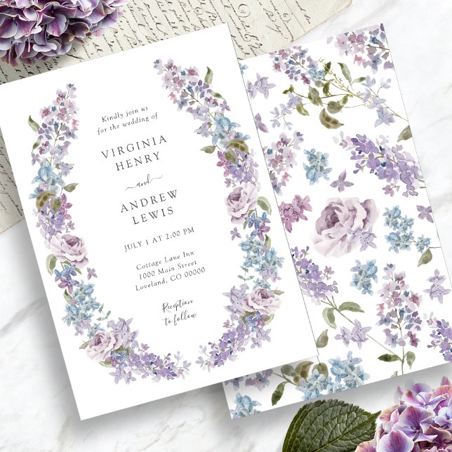 Elegant Purple Lilac Wedding Invitation (Elegant Purple Lilac Flowers Wedding Invitation by Painted Paperie)