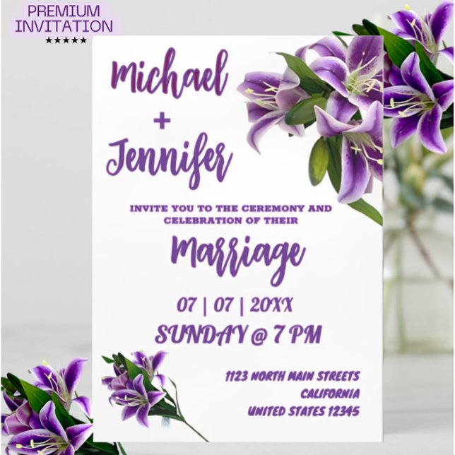 Elegant Purple Lily Floral Minimalist Wedding  Invitation (Creator Uploaded)