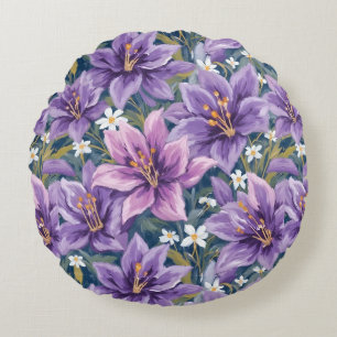 Elegant Purple Lily Floral Oil Painting Round Cushion