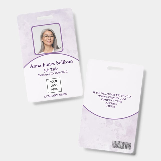 Elegant Purple Logo Bar Code Employee ID Badge (Front & Back)