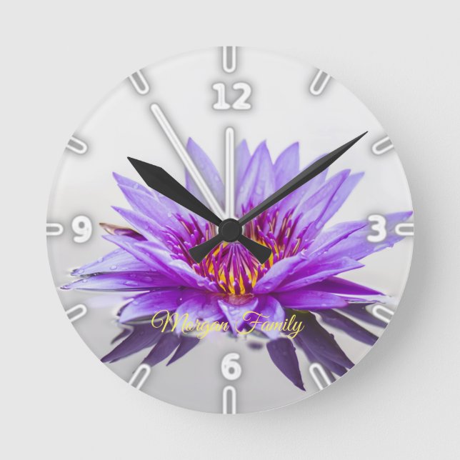 Elegant Purple Lotus Lake Personalised Round Clock (Front)