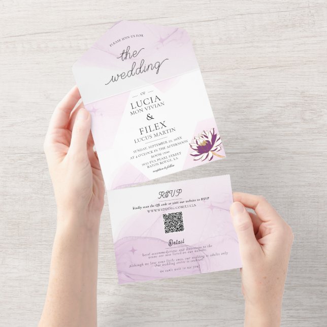 Elegant Purple Lotus Mini Floral Wedding All In One Invitation (Tearaway)