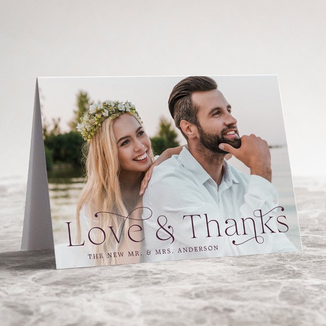 Elegant Purple Love and Thanks Wedding Photo Thank You Card (Creator Uploaded)
