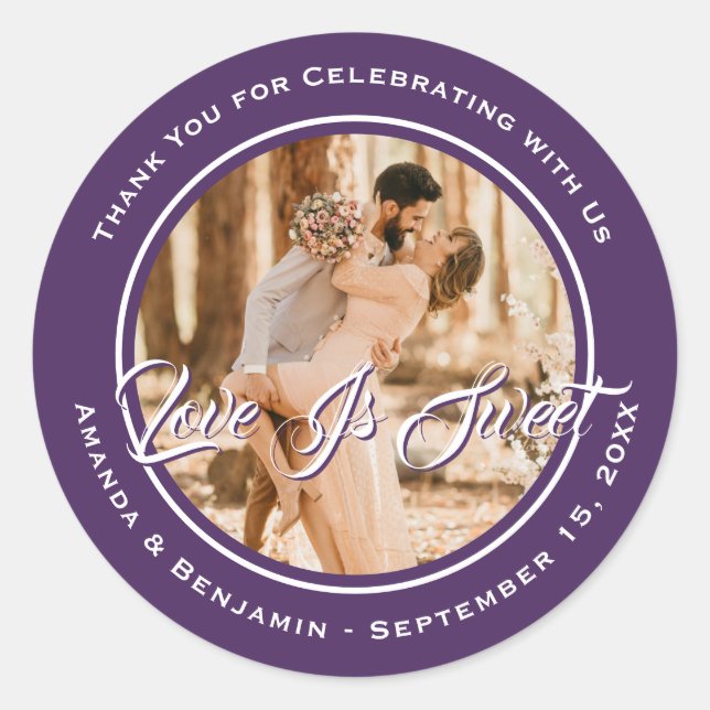 Elegant Purple Love Is Sweet Wedding Photo Classic Round Sticker (Front)