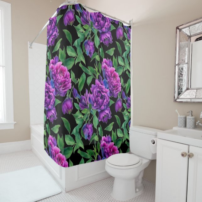 Elegant purple magenta watercolor florals flowers  shower curtain (In Situ)