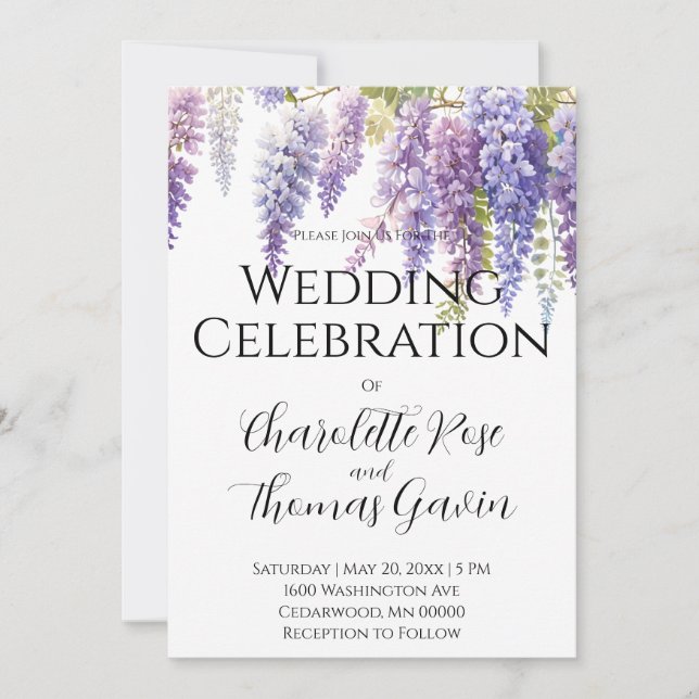 Elegant purple magenta watercolor wisteria floral  invitation (Front)