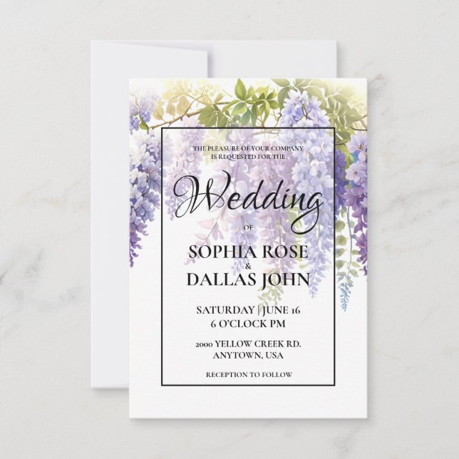 Elegant purple magenta watercolor wisteria floral  invitation (Front)