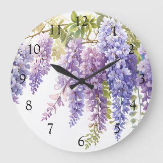 Elegant purple magenta watercolor wisteria floral large clock