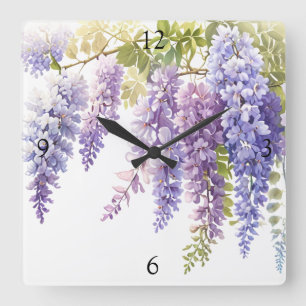 Elegant purple magenta watercolor wisteria floral  square wall clock