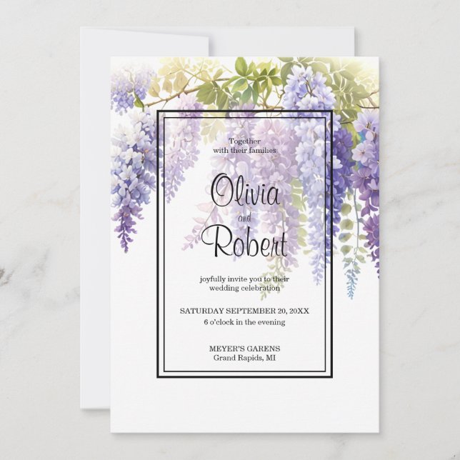 Elegant purple magenta watercolor wisteria wedding invitation (Front)