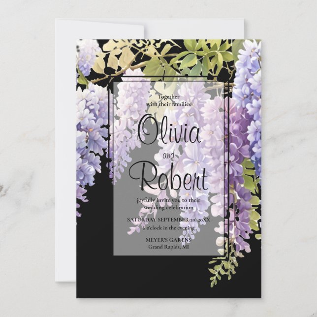 Elegant purple magenta watercolor wisteria wedding invitation (Front)