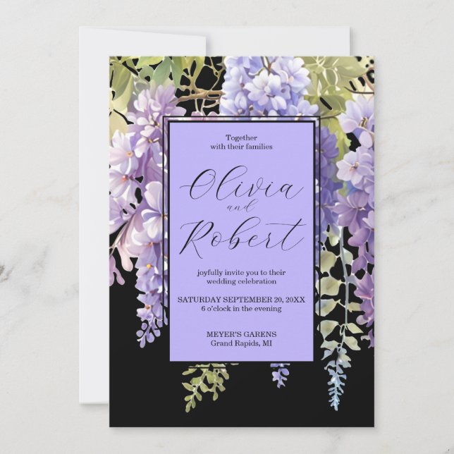 Elegant purple magenta watercolor wisteria wedding invitation (Front)