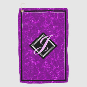 Elegant Purple Marble Black Diamond Initial Script Golf Towel