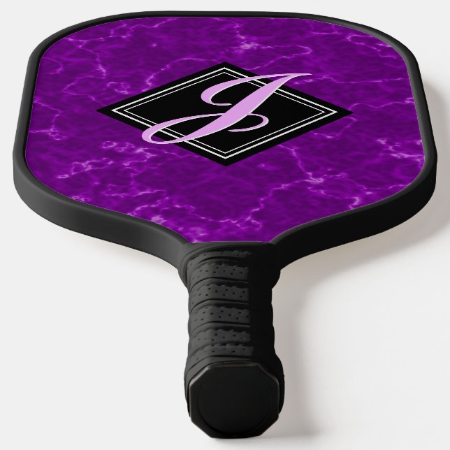 Elegant Purple Marble Black Diamond Monogram Pickleball Paddle (Laydown)
