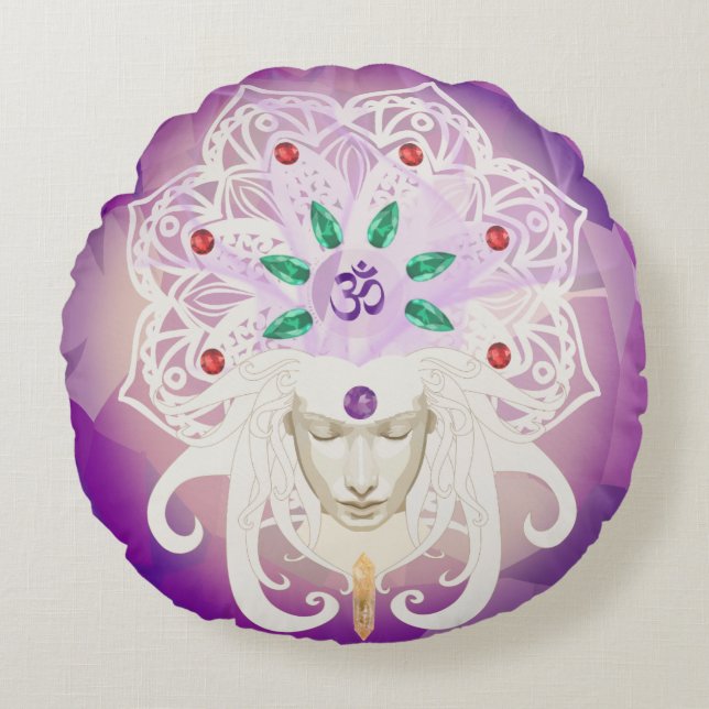 Elegant Purple Meditation Goddess Round Cushion (Front)