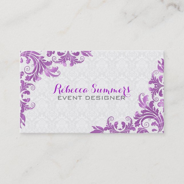 Elegant Purple Metallic Lace White Damasks Business Card (Front)