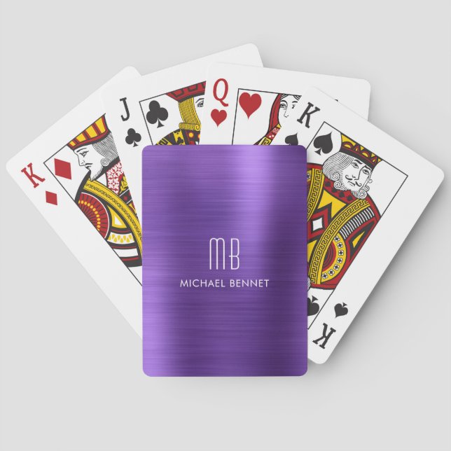 Elegant Purple Metallic Monogram Name Playing Cards (Back)
