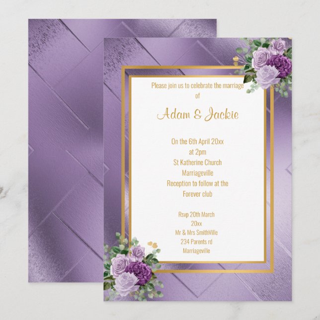 ELEGANT PURPLE METALLIC ROSE EUCALYPTUS WEDDING INVITATION (Front/Back)