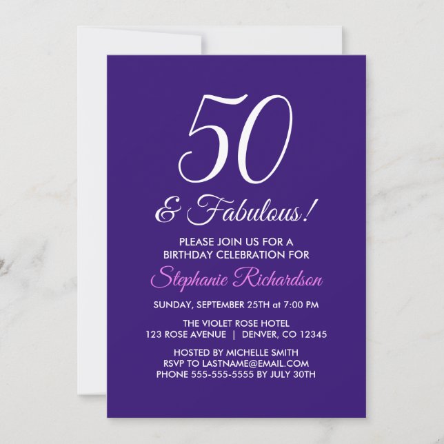 Elegant Purple Minimalist 50 and Fabulous Birthday Invitation (Front)
