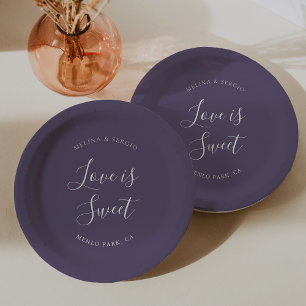 Elegant Purple Minimalist Calligraphy Wedding Paper Plate