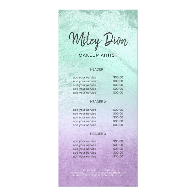 Elegant purple & mint glitter marble makeup artist rack card (Front)
