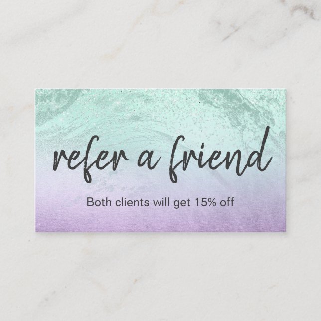 Elegant purple & mint glitter marble makeup artist referral card (Front)