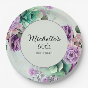 Elegant Purple Mint Green Floral 60th Birthday  Paper Plate