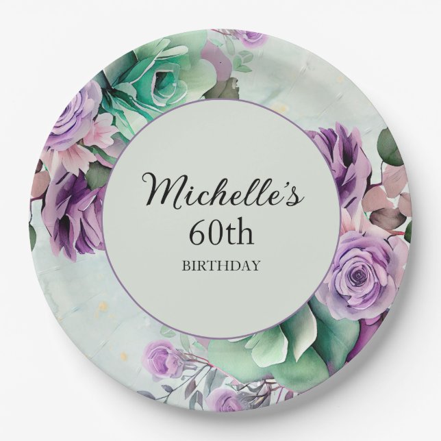 Elegant Purple Mint Green Floral 60th Birthday  Paper Plate (Front)
