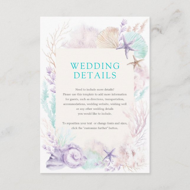Elegant Purple Mint Ocean Beach Wedding Details Enclosure Card (Front)