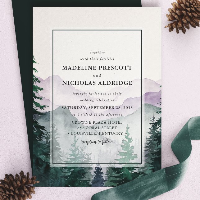 Elegant Purple Misty Mountain Forest Wedding Invitation (Creator Uploaded)