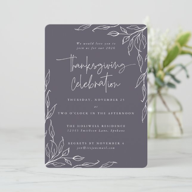 Elegant Purple Modern Leaf Motif Thanksgiving Invitation (Standing Front)