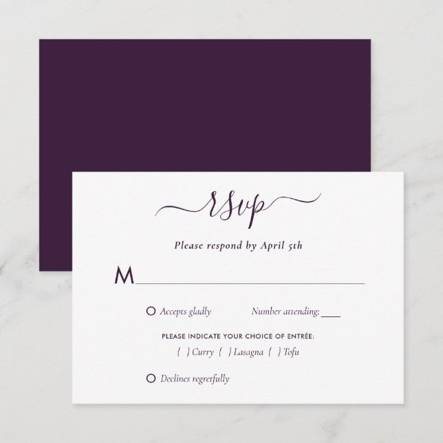 Elegant Purple Modern Script Wedding RSVP Card (Front/Back)