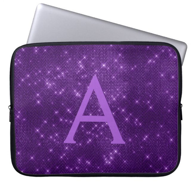 Elegant Purple Modern Sparkle Monogram Laptop Sleeve (Front)