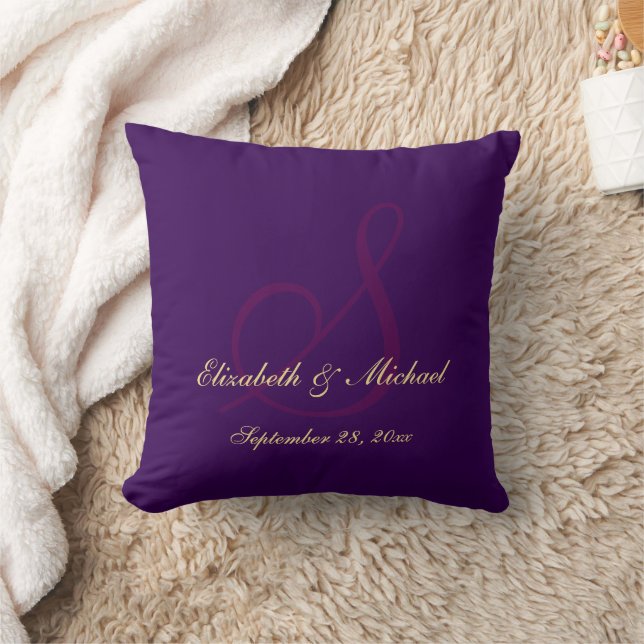 Elegant Purple Monogram Bride Groom Wedding Pillow (Blanket)
