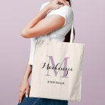 Elegant Purple Monogram Bridesmaid Tote Bag<br><div class="desc">A regal touch for your wedding party,  this elegant tote features a large purple monogram initial with a personalized name in flowing script and the bridal party role beneath. The rich purple hue adds a sophisticated pop of color to any wedding palette. Name,  initial,  and role are fully customizable.</div>