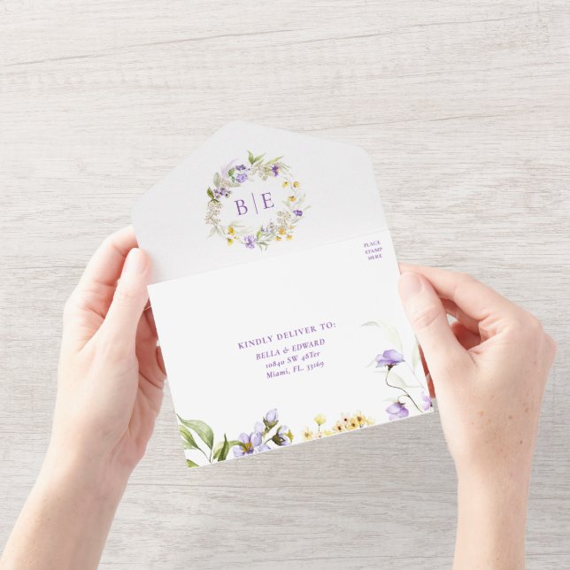 Elegant Purple Monogram Floral Wedding QR Code All In One Invitation (Opening)