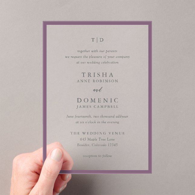 Elegant Purple Monogram Modern Wedding Acrylic Invitations (Insitu (Handheld))