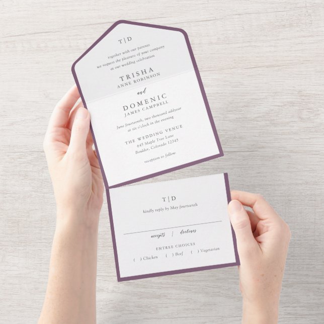 Elegant Purple Monogram Modern Wedding All In One Invitation (Tearaway)